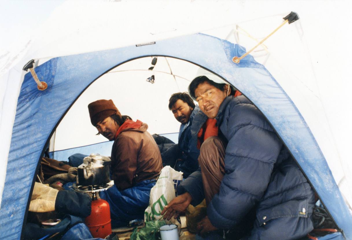 Kedar sing Martolia, Prahlad Singh Burfu and Loveraj Singh Dharamshaktu in a tent at Camp 3