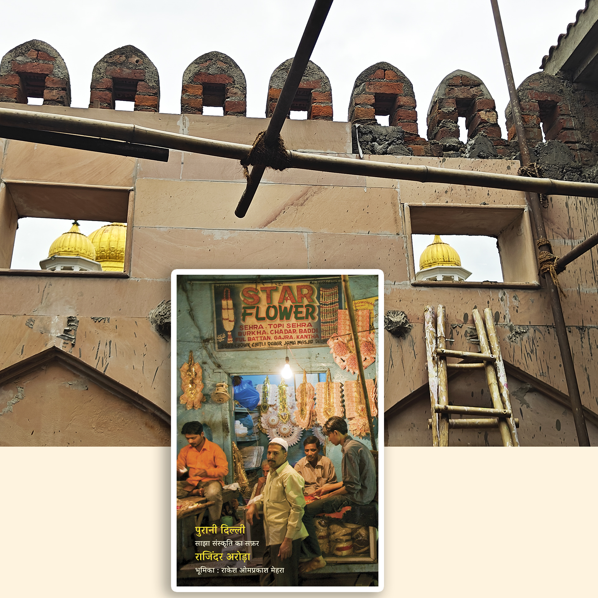 Golden domes of Sis Ganj Gurudwara Sahib peep from the wall-niches of Sunehri Masjid in Chandni Chowk; and my the cover of my book - Puranni Dilli.